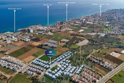 an aerial view of a parking lot next to the ocean at Villa Greta in Protaras