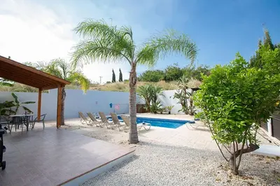 a swimming pool with chairs and a palm tree at Villa Kanthos - Beautiful 4 Bedroom Protaras Villa With Pool in Protaras