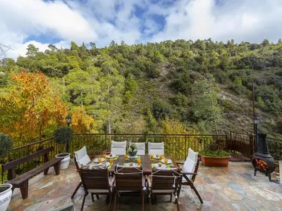 a patio with a table and chairs and a fireplace at Troodos Riverside Cottage in Kato Amiandos
