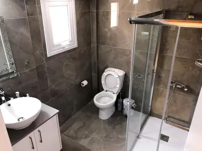 a bathroom with a toilet and a sink and a shower at Cozy Loft Apartment in Ayia Napa