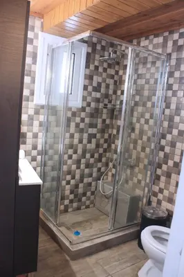 a shower stall in a bathroom with a toilet at Laoni Guest House in Moutoullas, Marathasa in Limassol