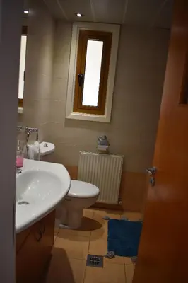 a bathroom with a sink and a toilet and a window at Klimentos Flat 59 in Nicosia