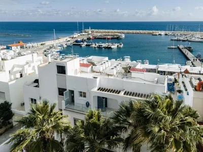 a white building with palm trees in front of a marina at Zima Blue in Zygi