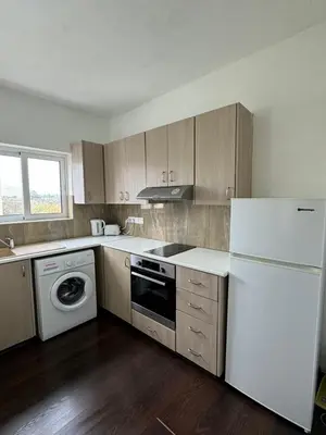 a kitchen with a white refrigerator and a dishwasher at Magic Sea Apartments in Larnaka