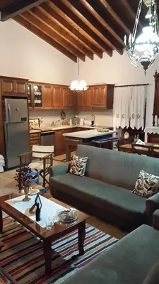 a living room with a green couch and a kitchen at Xenios Cottages in Lofou