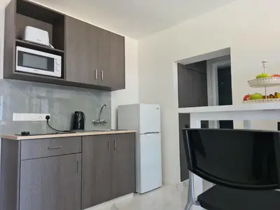 a kitchen with a white refrigerator and a microwave at Fotoxenia Luxury Apts in Paralimni