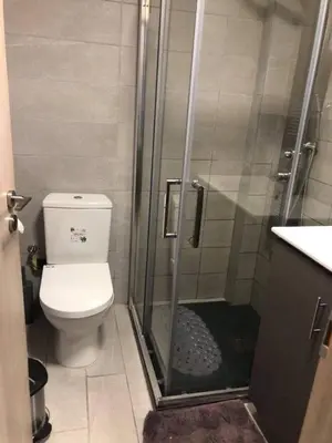 a bathroom with a toilet and a glass shower at To Spiti tou Faliari in Platanistasa