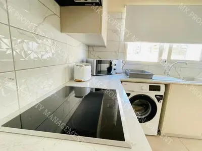 a kitchen with a sink and a washing machine at Milos City Center Apts No.34 in Larnaka