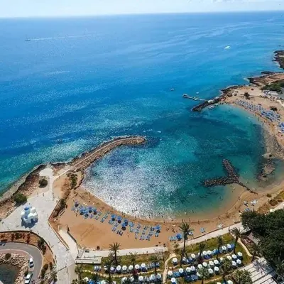 an aerial view of a beach and the ocean at Anais Bay Hotel in Protaras