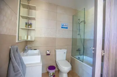 a bathroom with a toilet and a sink and a shower at Panayia Sea View Apts in Protaras