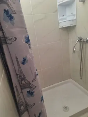a bathroom with a shower curtain with the eiffel tower at TERPSICHORE Holiday Apts in Limassol
