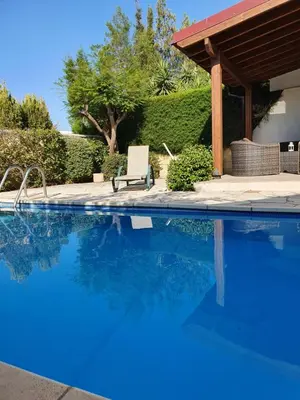 a swimming pool with a chair next to a house at Melanta Villa in Pissouri