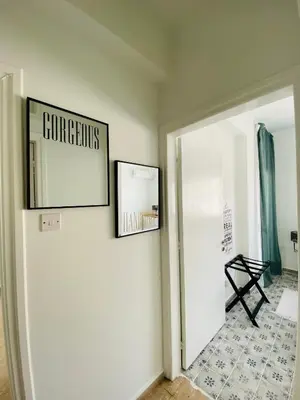a hallway with a white door and a picture on the wall at Simple One bedroom flat in Engomi in Engomi
