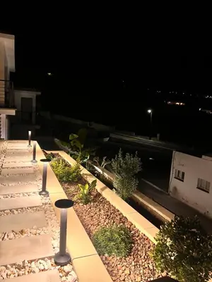 a row of plants on the side of a building at night at Pissouri Image in Pissouri