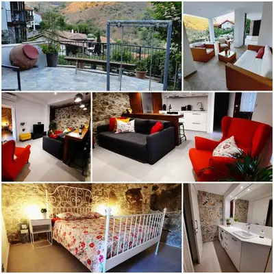 a collage of pictures of a living room and a bedroom at BELLE VUE Mountain Home in Kalopanayiotis