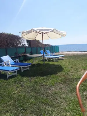 a group of lounge chairs and an umbrella on the beach at SEAFRONT BEACH PARTY VILLA in Pervolia