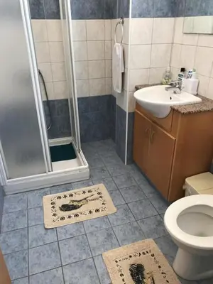 a bathroom with a shower and a toilet and a sink at Protaras, Janas apartment in Protaras