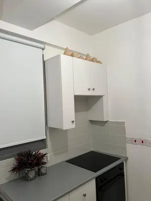 a kitchen with white cabinets and a black stove at ARTEMIS 1 Bdr Down Town Nicosia in Nicosia