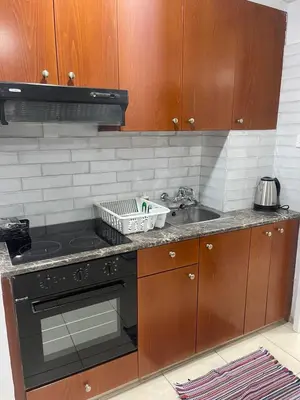 a kitchen with a stove and a sink at Alex Beach Apartment 34 in Larnaka