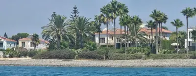 a row of houses on the beach with palm trees at Villa del Mar Heated pool in Mazotos