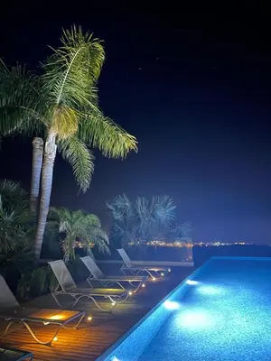 a pool with chairs and a palm tree at night at Bay View Villa in Protaras
