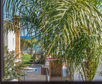 a palm tree in front of a building at Ayia Napa Ionion Seaside Villa in Ayia Napa
