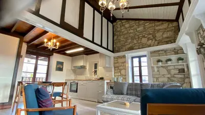 a kitchen and living room with a stone wall at Leonys House by TrulyCyprus in Doros