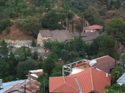an overhead view of a town with houses and trees at Maison Elena in Kalopanayiotis