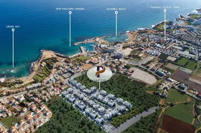 an aerial view of a city next to the ocean at Villa Queen Valeria in Protaras