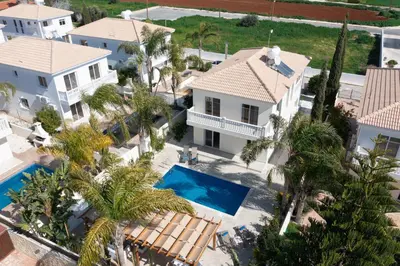 an aerial view of a house with a swimming pool and palm trees at Villa Helena in Ayia Napa