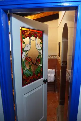 a door with a stained glass window on it at Kalimera A Lovely 1-bedroom rental with ensuite and Kitchen in Limassol