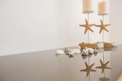 a shelf with starfish and shells on a wall at Kalamies Family Villa in Protaras