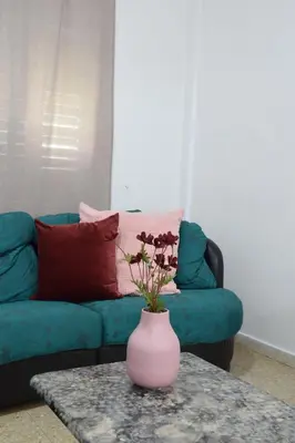 a pink vase sitting on a table in front of a couch at MAMA'S FLAT - ΤΟ ΔΙΑΜΕΡΙΣΜΑ ΤΗΣ ΜΑΜΑΣ in Strovolos
