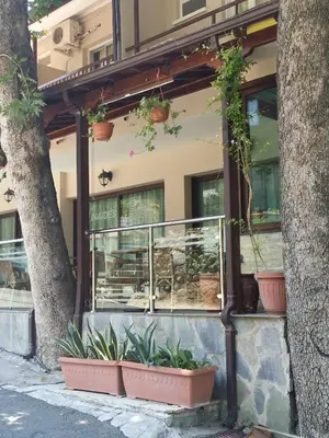 a building with potted plants on the side of it at Minaides Hotel in Kakopetria