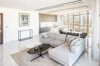 a living room with a couch and a table at 360 Nicosia - Luxury Apartment Panoramic View in Nicosia