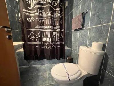 a bathroom with a toilet and a shower curtain at Greek Harmony Apartment in Paralimni