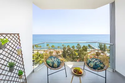 a balcony with a view of the ocean at Lovely 3-bedroom apartment in Prokymea court in Limassol