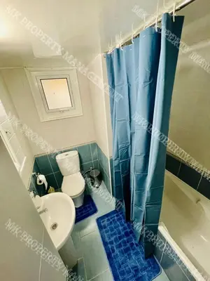a bathroom with a blue shower curtain and a toilet at Milos City Center Apt. 32 in Larnaka