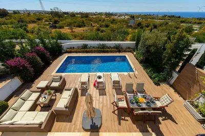 an overhead view of a patio with a swimming pool at Napa Bay View Villa in Ayia Napa