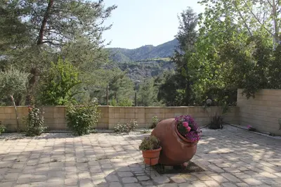 a large flower pot with flowers in a backyard at House of Roses in Limassol
