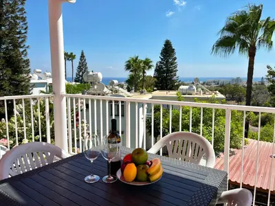 a table with a plate of fruit and a bottle of wine at STAY Symphony Apartment in Protaras