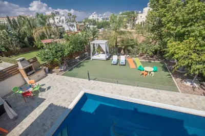 an overhead view of a backyard with a swimming pool at Artemisia Villa in Protaras