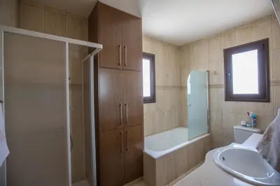 a bathroom with a shower and a sink and a toilet at Artemisia Villa in Protaras
