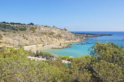 a view of a beach with boats in the water at Villa Blue Oasis in Protaras