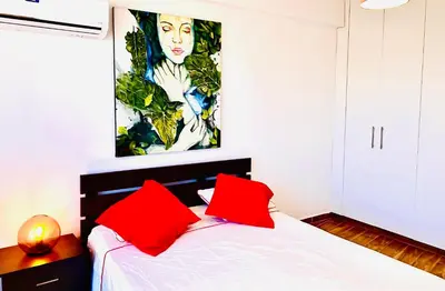 a bedroom with a bed with two red pillows at BALI SUITES 101 in Larnaka