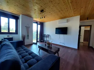 a living room with a couch and a tv at Agros Green Valley Suites in Limassol