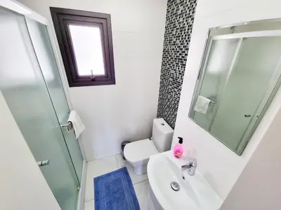 a bathroom with a sink and a shower and a toilet at Happy Homes Paradise in Larnaka