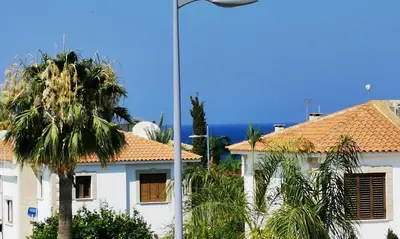 a white house with a palm tree and a street light at GREAT VILLA MARIA in Paralimni