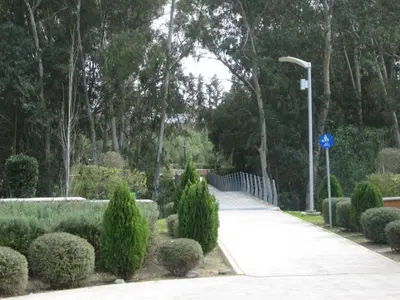 a walkway in a park with bushes and a street light at Achillion Apartments By 'Flats Nicosia' in Nicosia