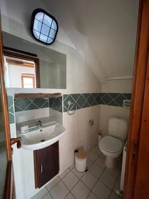 a small bathroom with a sink and a toilet at Stone built country house in Louvaras Village in Louvaras